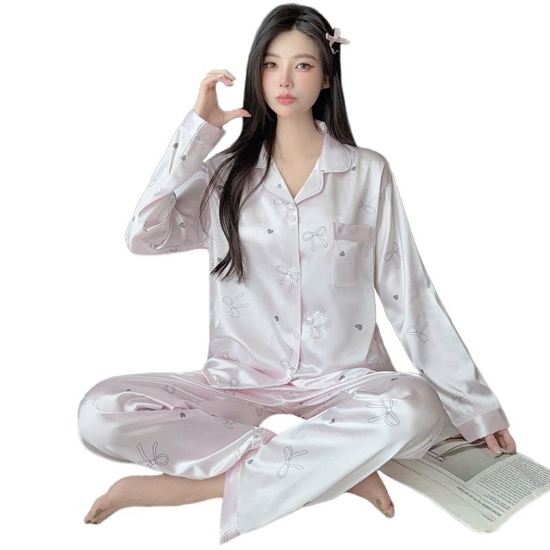 Spring, Autumn And Summer Ice Silk Pajamas Women'S Light Luxury Pure Wind Bow Long Sleeve Loose Loungewear Fashion Suit