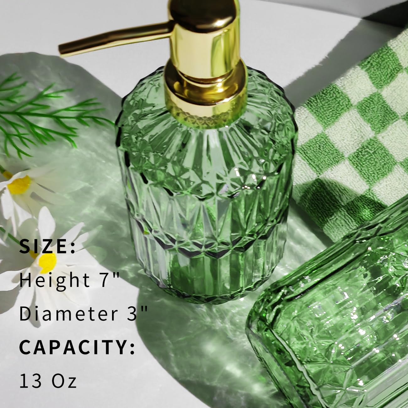 2 Pack Green Soap Dispensers with ABS Plastic Pump, Refillable Hand Soap Dish Soap Dispensers with Gold Pump for Kitchen Sink Crystal Lotion