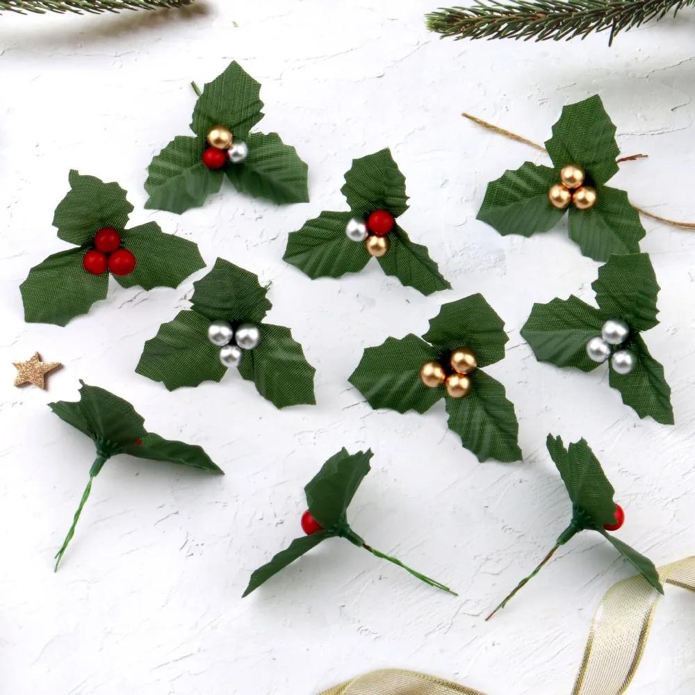 5/10PCS Christmas Artificial Holly Berries Cherry Little Fruits Green Leaves for Party Home Decoration Garland Wreath Ornaments