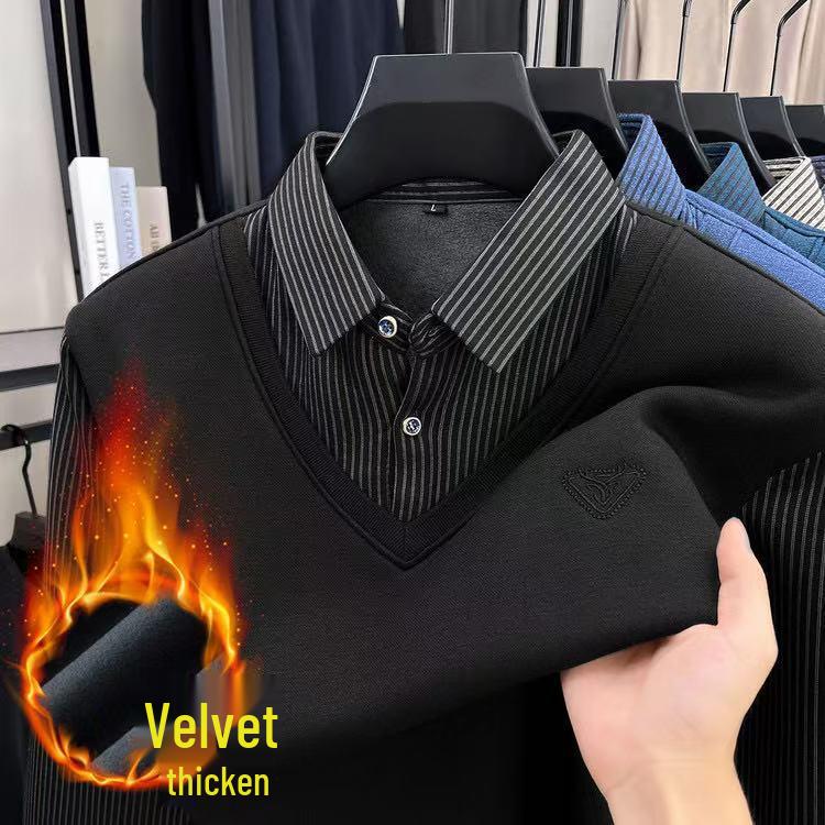 

2025 Winter Men s Fleece-Lined Striped Polo Shirt: Warm, Fake Two-Piece Design for Middle-Aged Men M (90-110 jin) чёрный