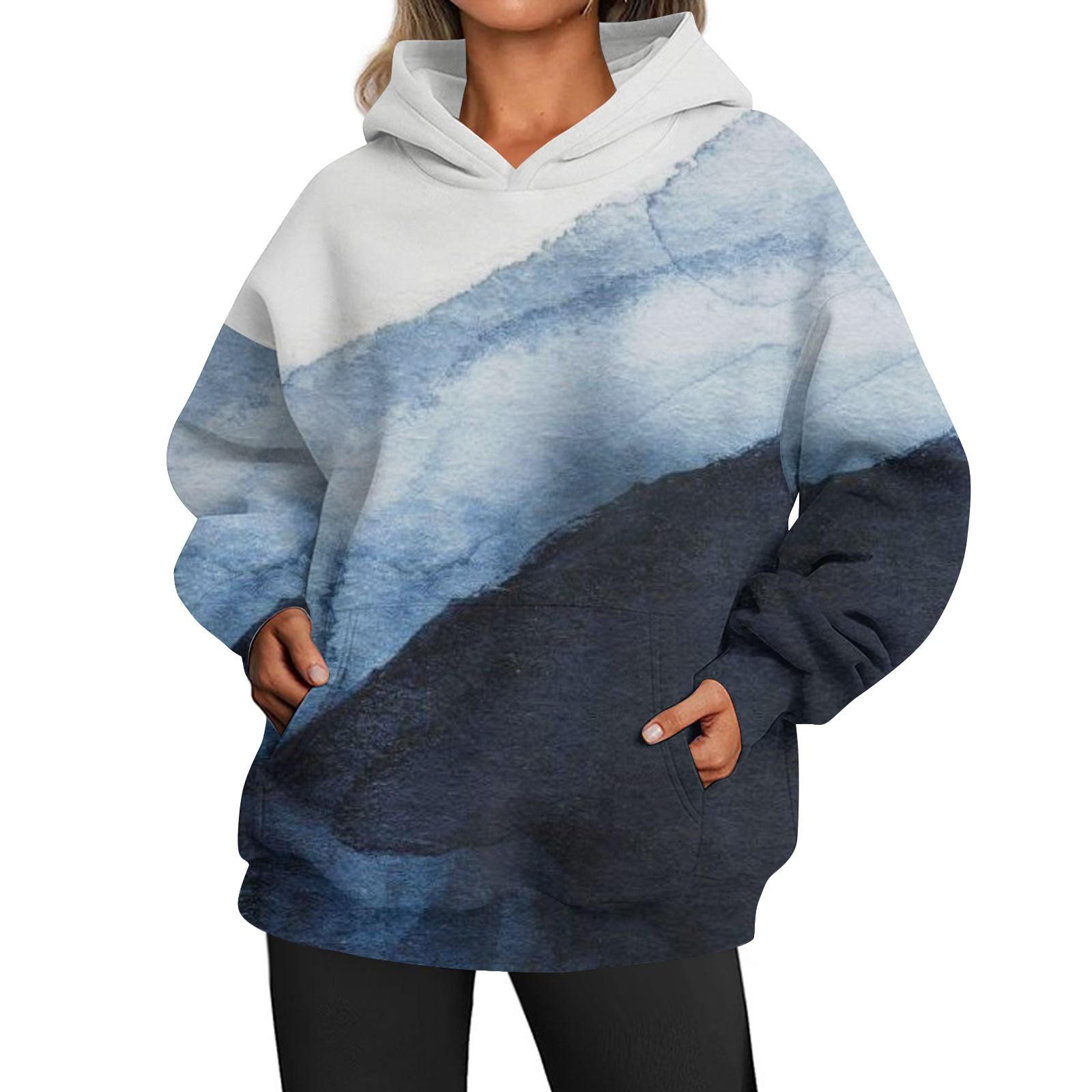 

Женские модные повседневные универсальные повседневные толстовки с круглым вырезом, с длинными рукавами и градиентным верхом, толстовки XXXL синий