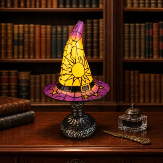 Jijijing Stained Glass Witch Hat Lamp, Table Lamp with Inline Switch, USB Powered Style Halloween for Bedroom Bookshelf Desk, Witches Gothic