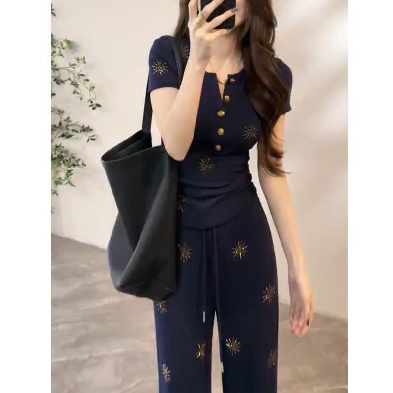 

2026 Spring/Summer Women s Sunflower Rhinestone Shirt & High Waist Long Pants Set Small