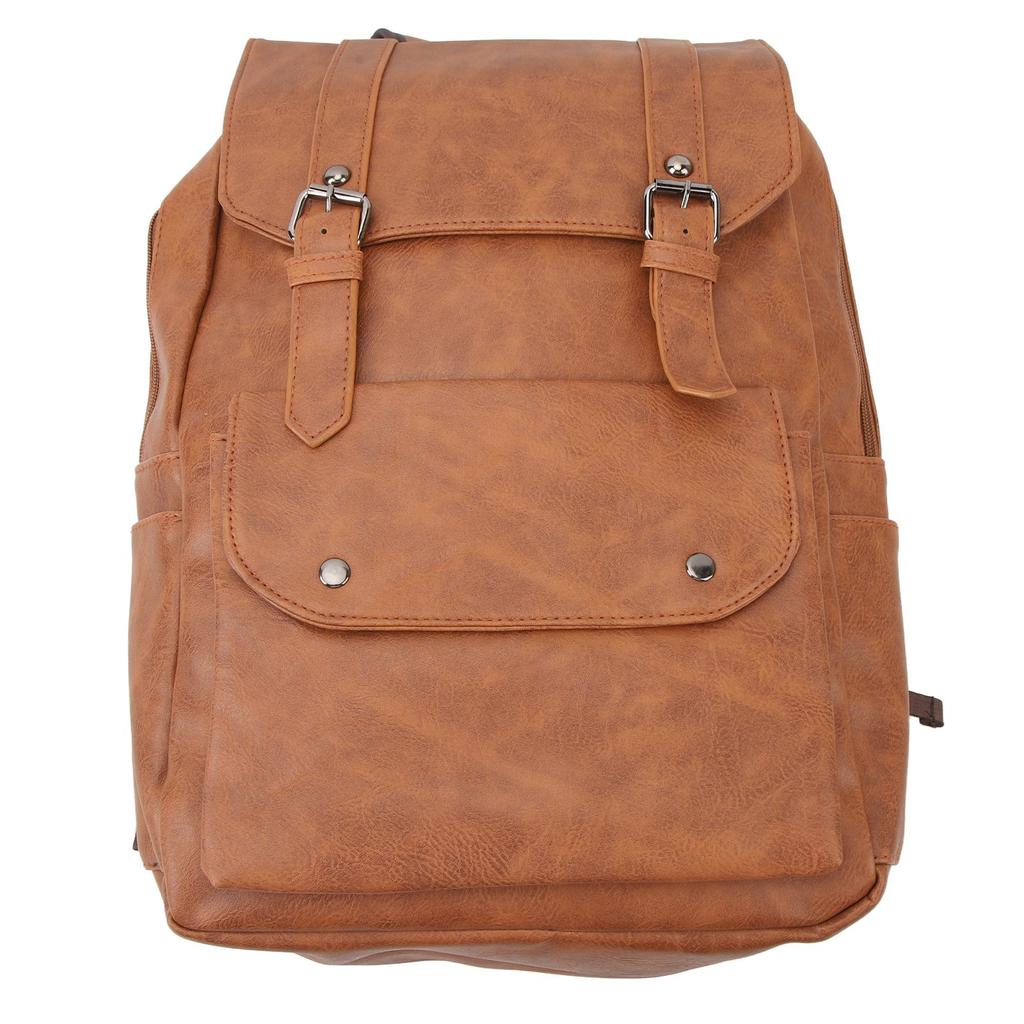 Men Backpack Vintage Style Soft PU Leather Large Capacity Fashionable Shoulders Bag for Travel Business Light Brown