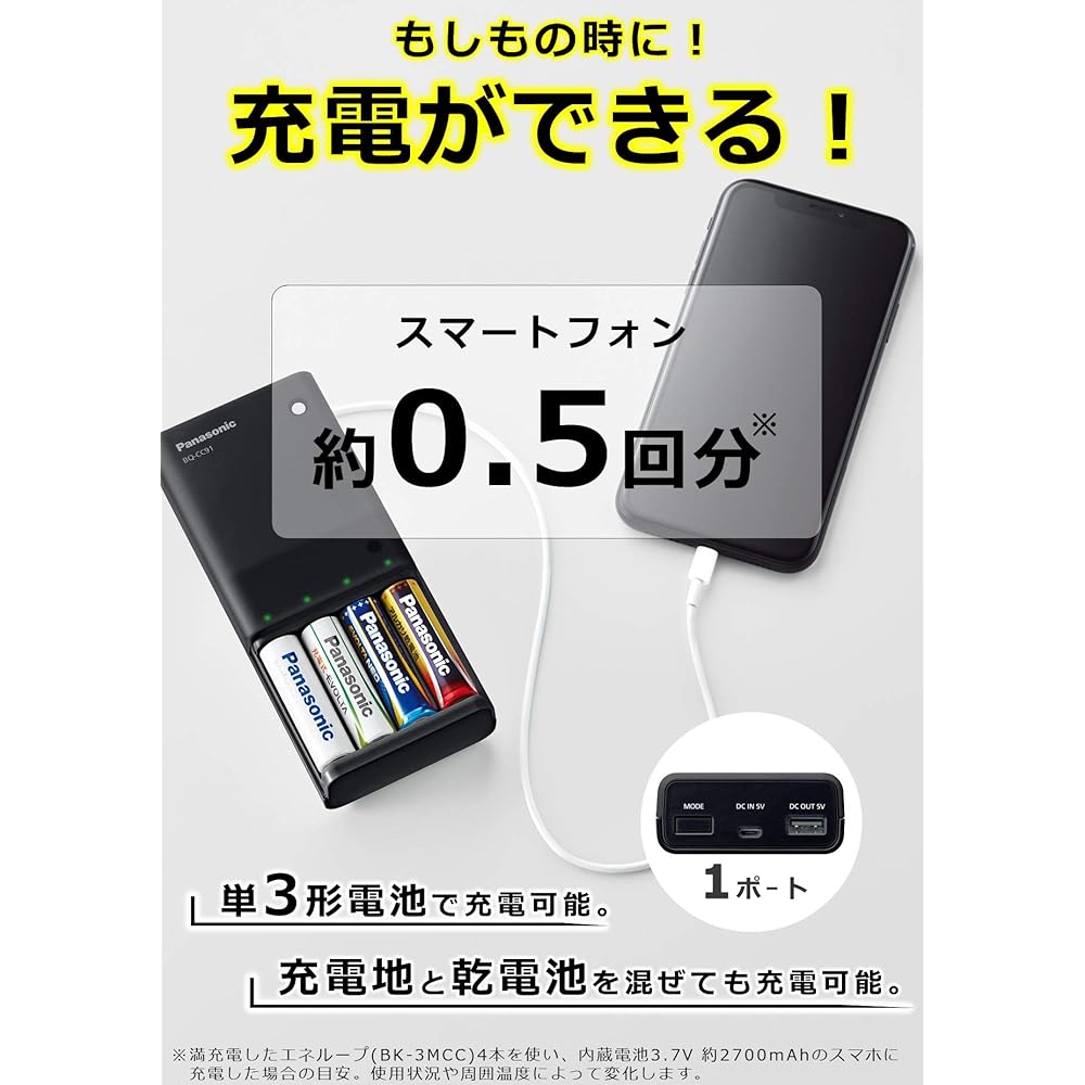 Panasonic (Esclusiva Amazon.co.jp) Caricabatterie Panasonic AA/AAA con Ingresso/Uscita USB BQ-CC91AM-K Nero
