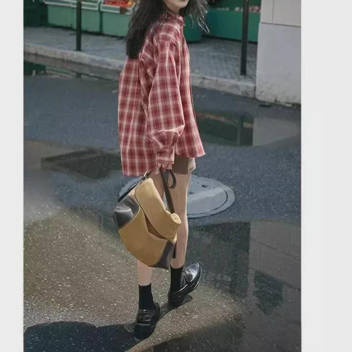 2024 Spring/Summer Red Plaid Women's Slim-Fit Loose Long Shirt
