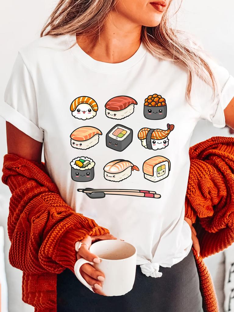 WoSushi Anime Print T-Shirt - Cute Cartoon Sushi Characters Short Sleeve Crew Neck Casual Top Harajuku Short Sleeve Casual