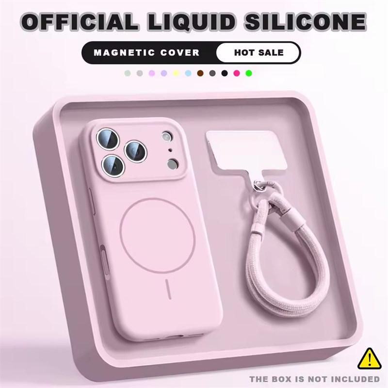 Magnetic Wrist Strap Liquid Silicone Phone Case For iPhone 12 13 16 17 Pro Max Air 15 14 16 Plus 16E Magsafe Lanyard Cover