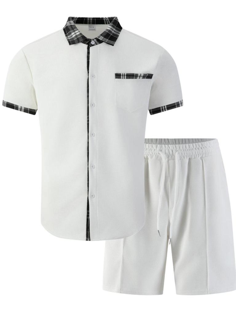 Men's Breathable Waffle Plaid Patchwork Short Sleeve Cardigan & Shorts Set