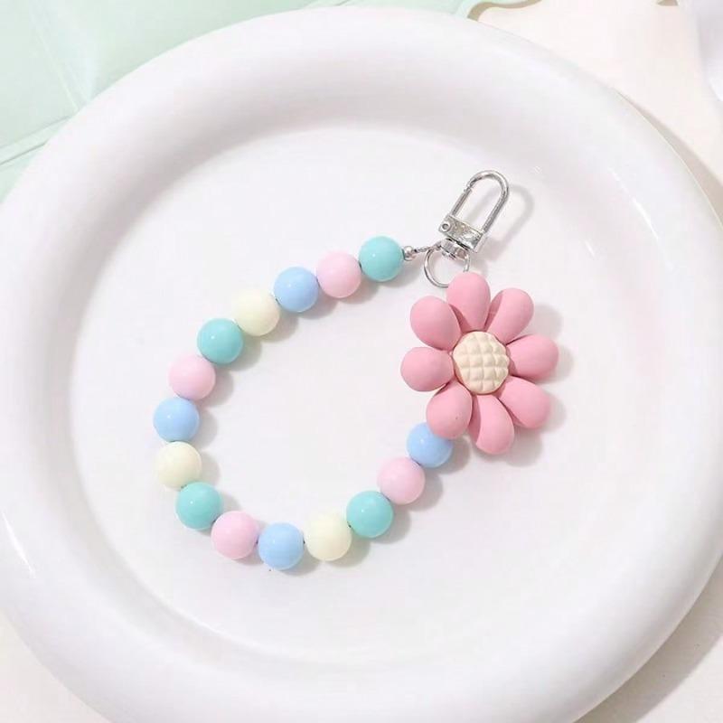Pink Pearl Bow Keychain Mobile Phone Chain Earphone Case Anti-Lost Strap Car Keychain Beaded Decoration Backpack Pendant Accessory Bag