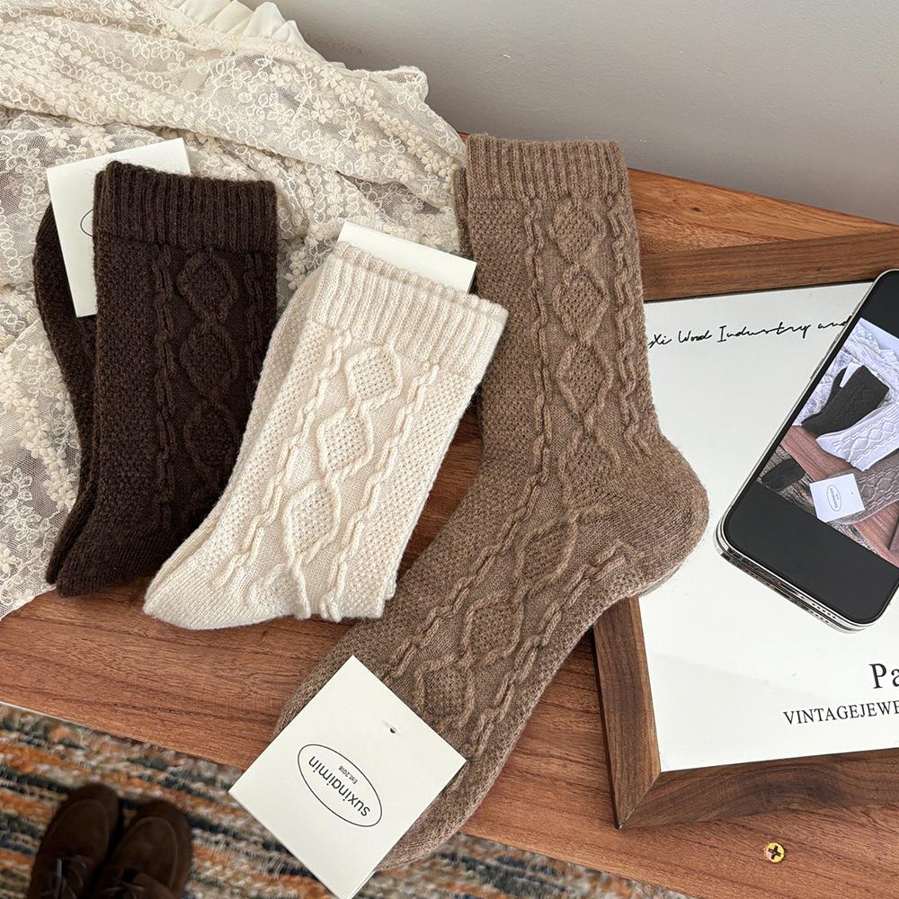 Winter Warm Wool Women Socks Solid Color Japanese Harajuku Retro Long Socks Women Girls Thermal Vintage Streetwear Crew Socks