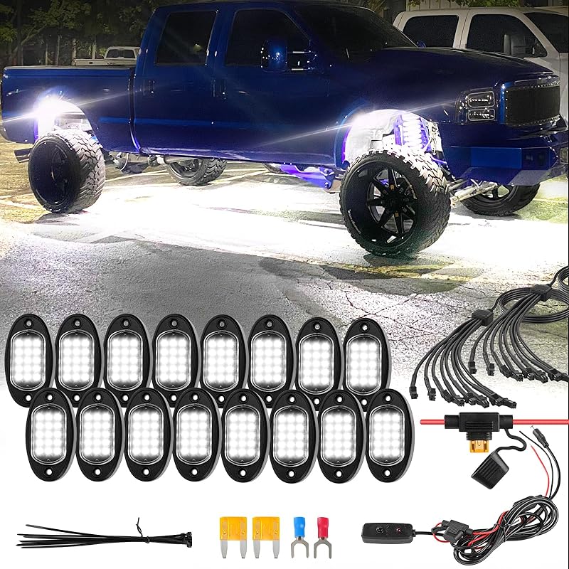 8Pods Pure White LED Rock Lights Kit with Switch Wiring Harness Extension Wire, 6500K 15LEDs Neon Underglow Light Waterproof Fender Lights for Car