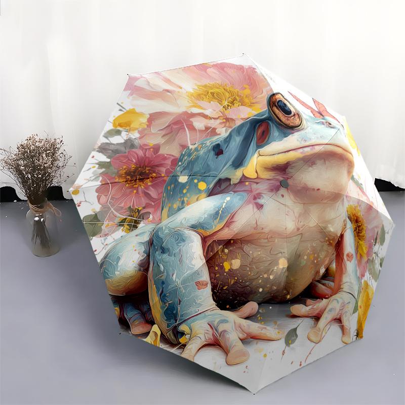 Frog and Flowers pattern, automatic folding umbrella, portable and foldable design, 8 ribs, a Christmas or birthday gift.