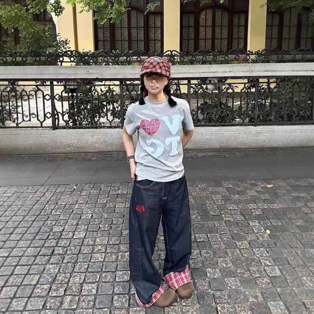 RogueWave Amerikansk Retro Rutig Patchwork Rullad Kant Damjeans High Street Harajuku Lös Vid Ben Raka Ben Herr- och Dambyxor