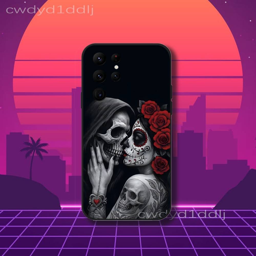 Mexican Catrina Skull Girls Phone Case For Samsung S10,S21,FE,S21 ,S26,S25,S24,S23,Ultra,S9,S22,Plus Black Shockproof Silicone