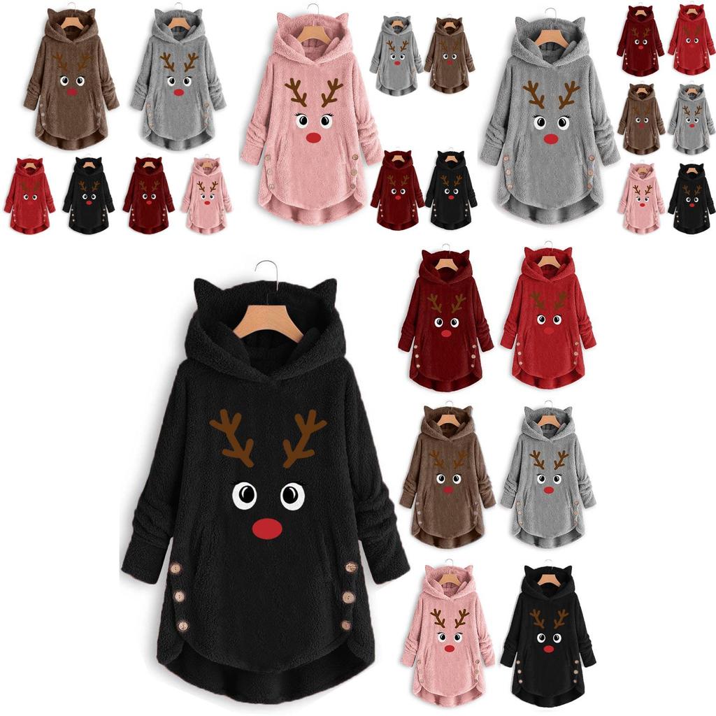 Cozy Fluffy Women's Christmas Sweatshirt With Adorable Elk Pattern And Cat Ear Design