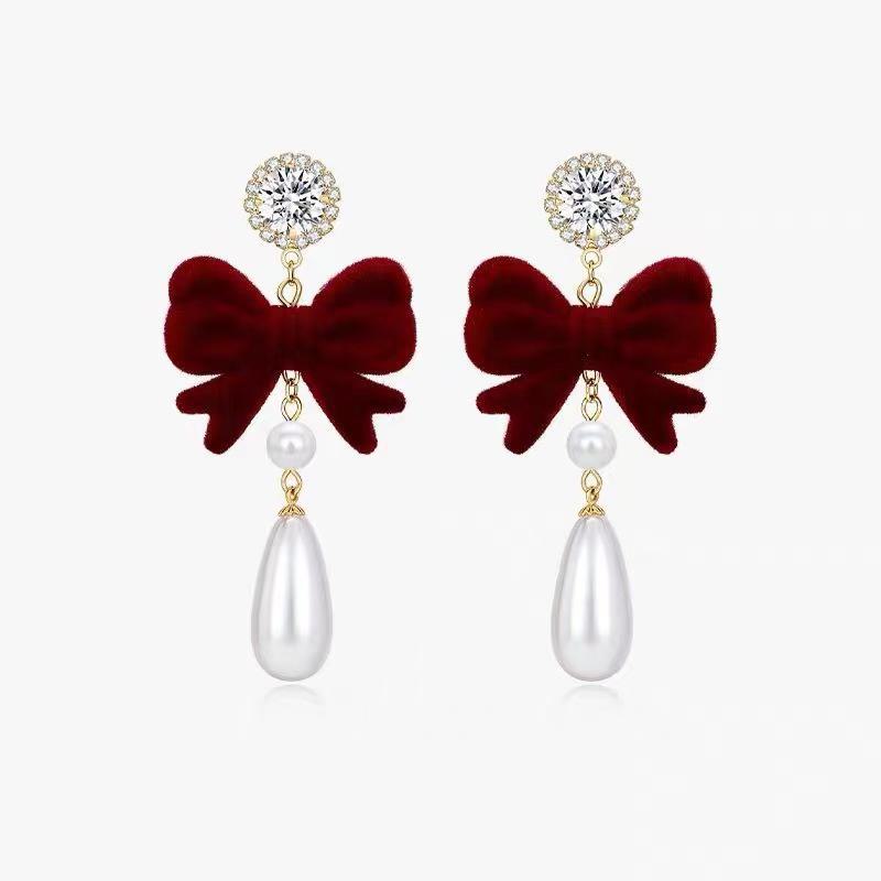 Burgundy Velvet Bow Pearl Earrings - Sweet, Elegant, Long Autumn/Winter New Year Accessories