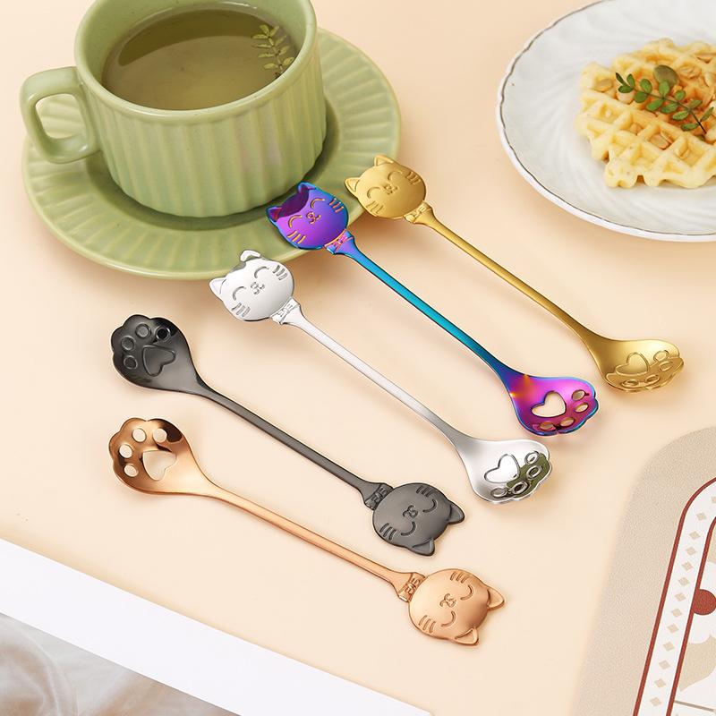 Creative Cat Stainless Steel Coffee Spoon Cute Paw Stirring Spoon Cake Ice Cream Hollow Dessert Spoon Gift
