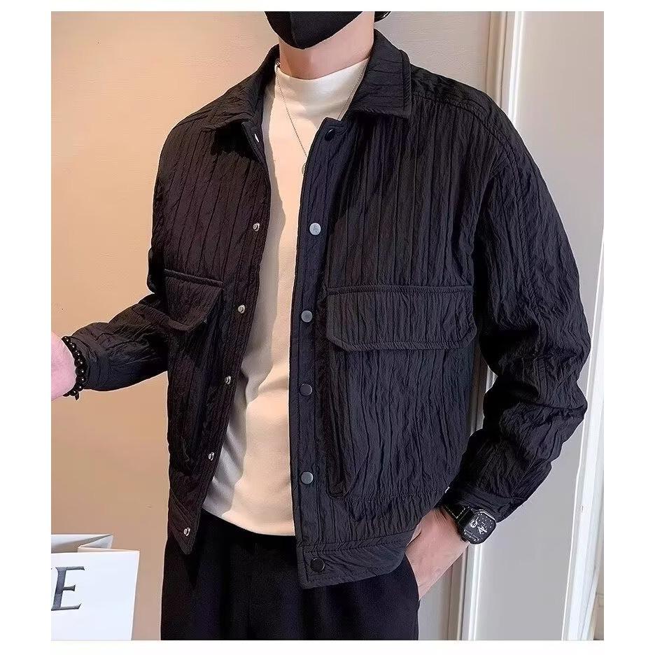 

Men s Light Brown Pleated Lapel Stripe Jacket - Versatile Casual Autumn/Winter Coat 3XL чорний
