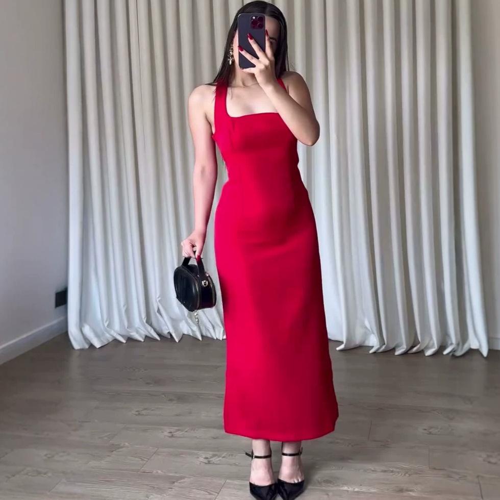 European and American Women's Clothing Spring and Summer Backless Neck Collar Sleeveless Long Dress Waist and Hip Temperament Dress