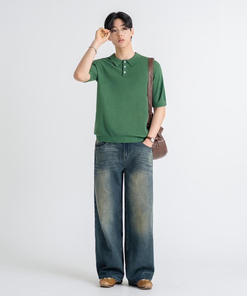 LEMAIN SECOND Linen-Like Oversized Washable Collared Short Sleeve Knit [Green]