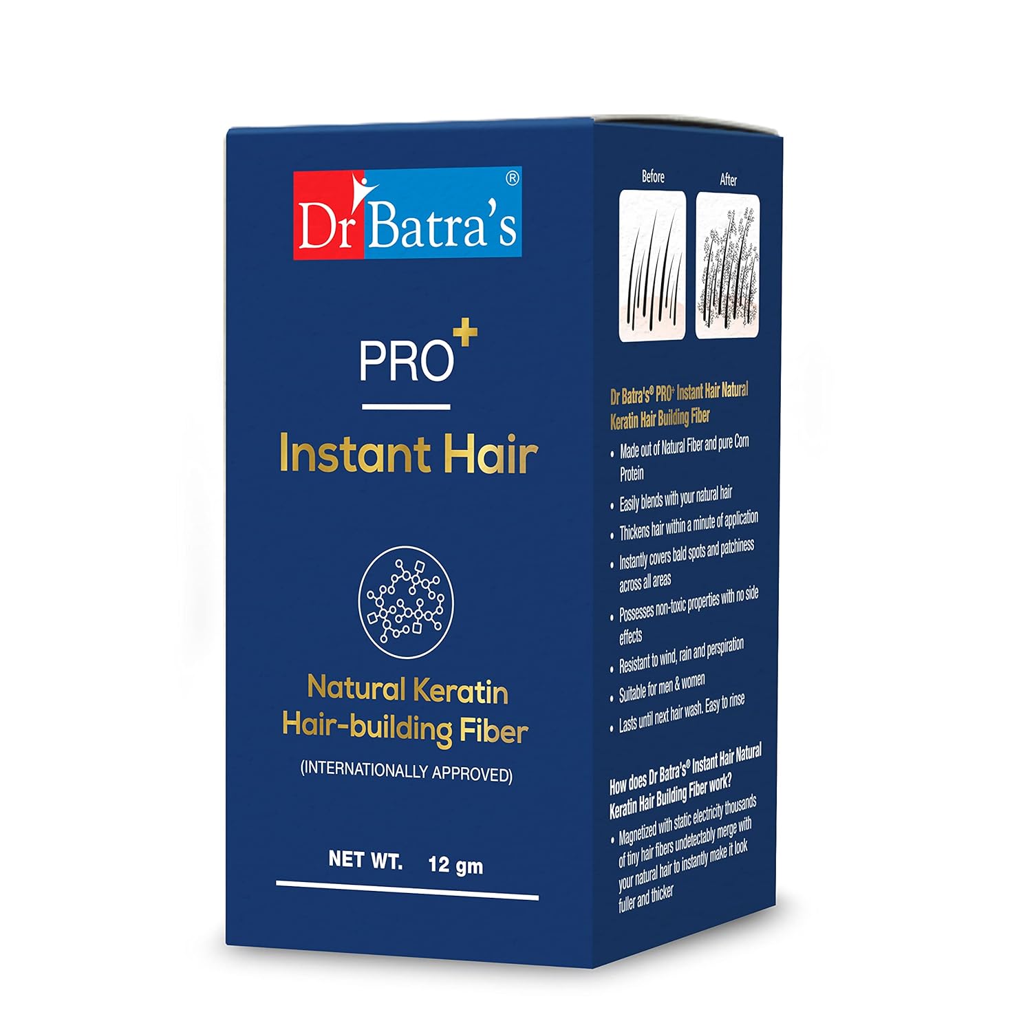 

Dr Batra s Pro+ Instant Natural Keratin Hair Building Fiber Black For Thin Fine Hair Men Women 12 g Pack Of 1