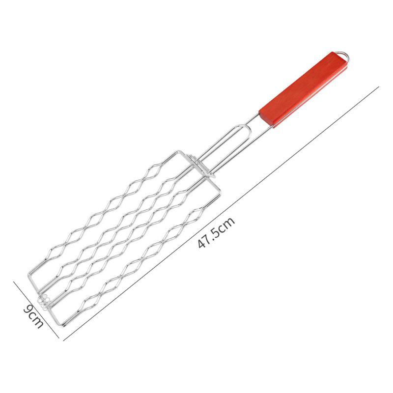 Outdoor Wooden Handle Hot Dog Barbecue Clip, Non Stick Ham Sausage Barbecue Net, Multifunctional Camping BBQ Tool