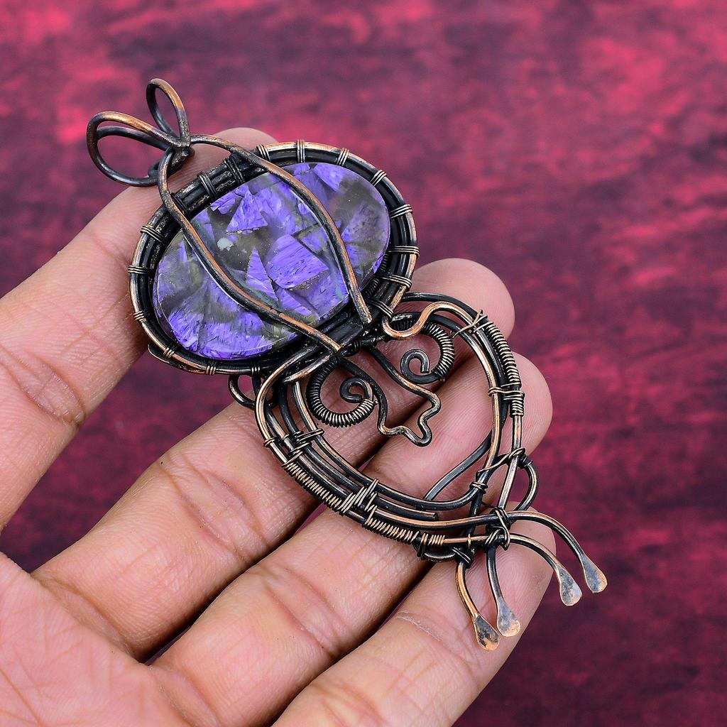 Kupfer Charoit Echter Edelstein Anhänger Handgefertigter Kupferdraht Gewickelter Schmuck