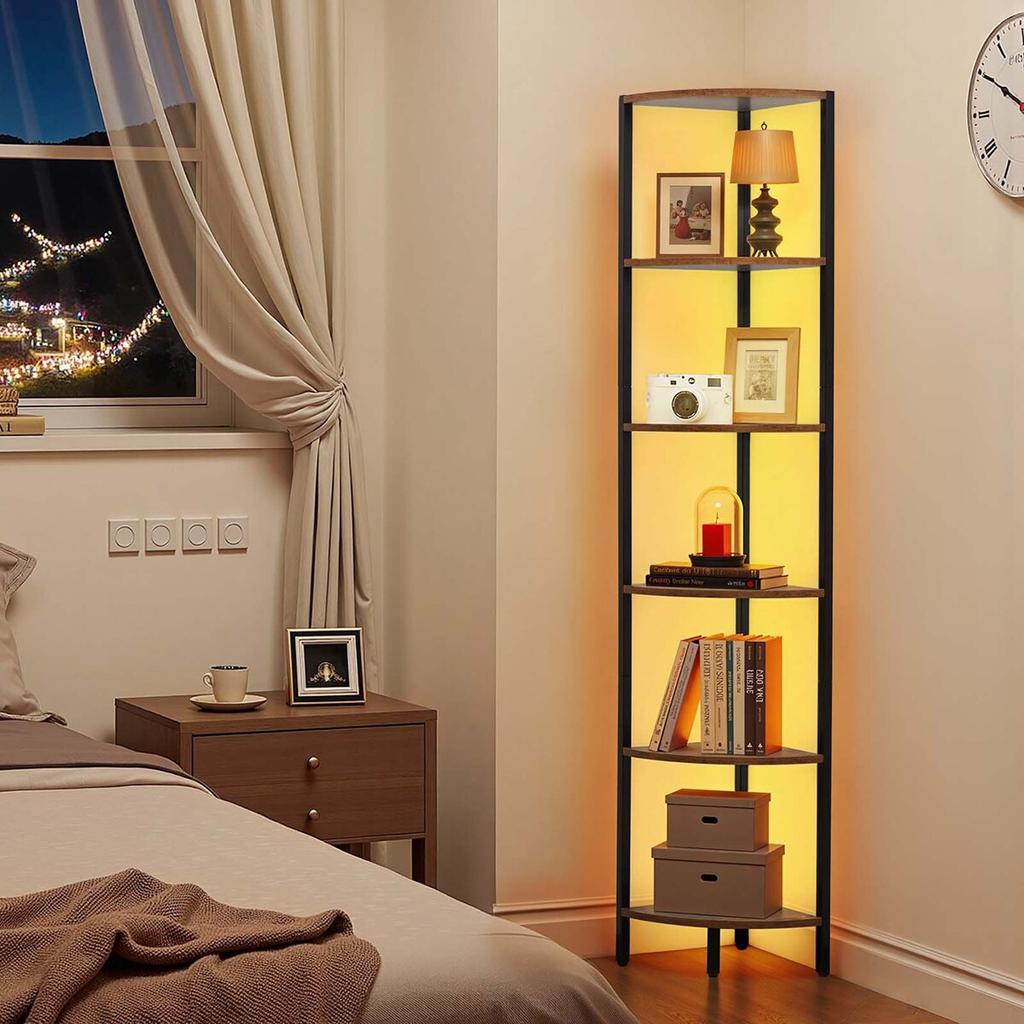 6 Tier Corner Shelf, Tall Corner Stand with LED Light, Wall Shelves Tower Storage Organizer with Metal Frame & Wooden Shelves, Narrow Display Book