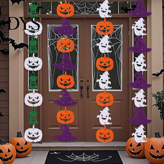 Halloween Theme Decor Party Felt Hanging Garland, Creepy Pumpkin Ghost Skull Witch Hat Indoor Outdoor Festive Banners Streamer, Horror Banner Backdrop