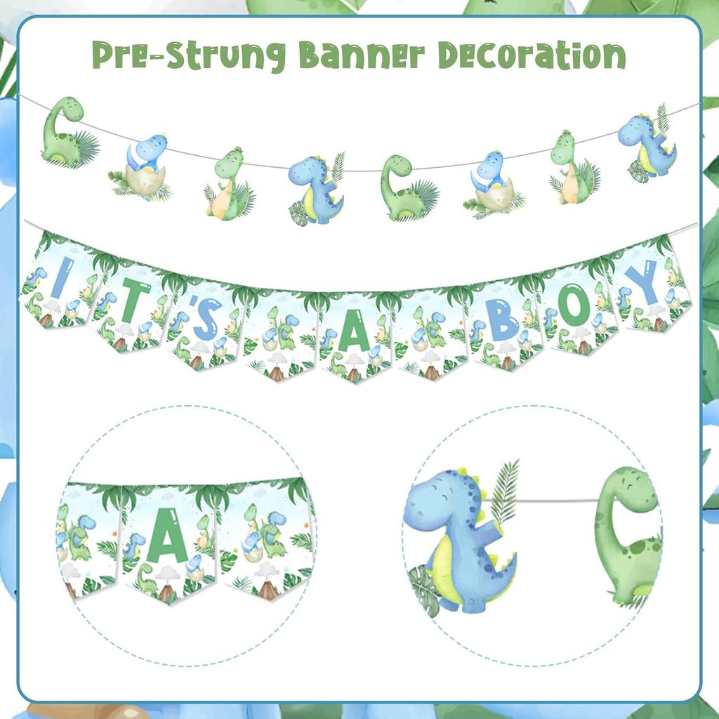 Kreatwow Dinosaur Baby Shower Decorations for Boy - Blue Green Its A Boy Banner, Garland, Hatching Soon Cake Topper, Rawr Decor, Themed Balloons for