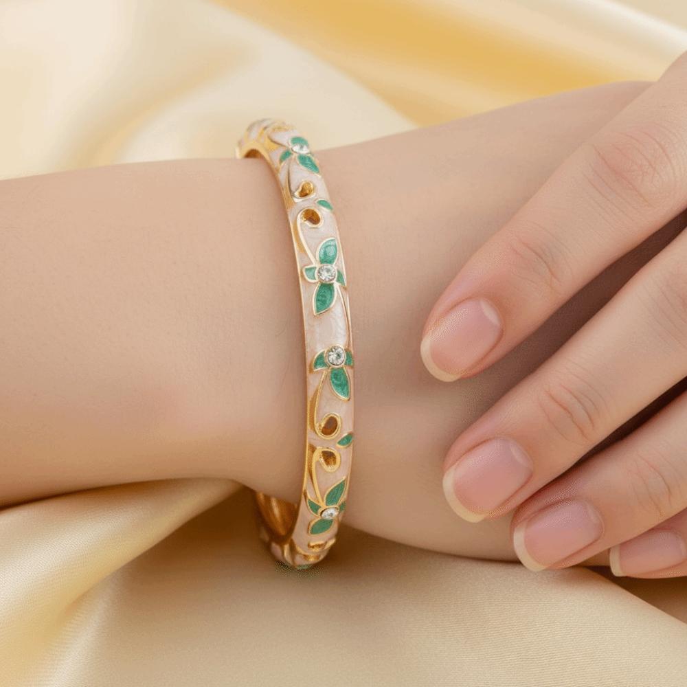 Exquisite Painting Cloisonne Floral Bangle Lightweight Metal Rhinestone Thin Bracelet Women