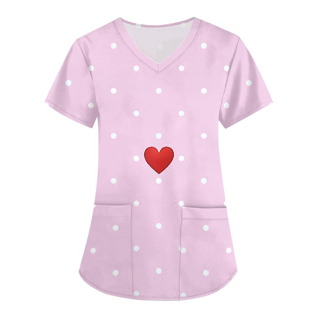 Women's Fashion V,Neck Short Sleeve Overalls With Pockets Valentine's Day Printed Tops Clothes