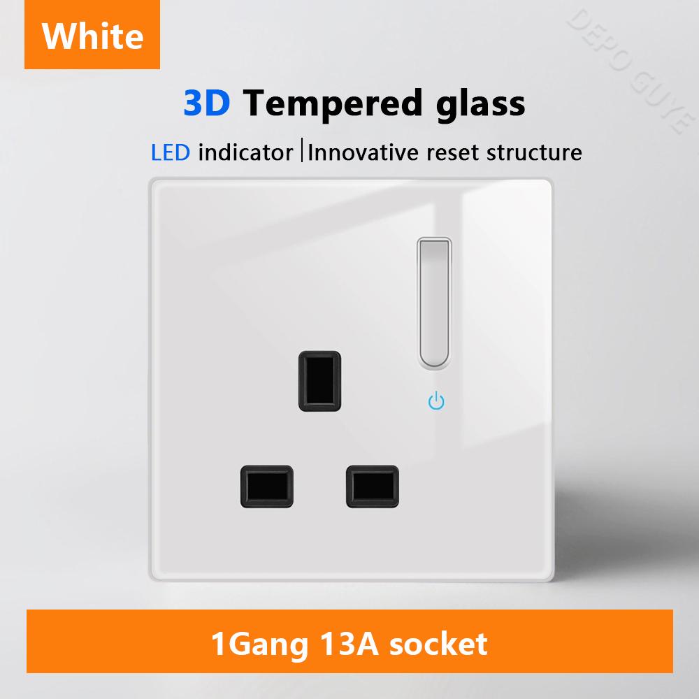 White LED Indicator Light Switch Panel Glass Piano Key Self-reset Wall Switch socket,UK Universal USB Type-C Electrical Outlet