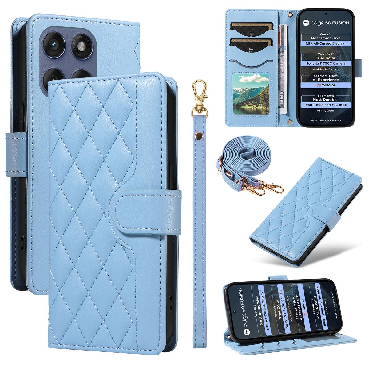 

Для Motorola Edge 60 5G/Motorola Edge 60 Pro 5G/Motorola Edge (2025) 5G/Motorola Edge 60 Fusion 5G Чехол-кошелек Ромбовидный кожаный чехол для телефона с ремешком Blue