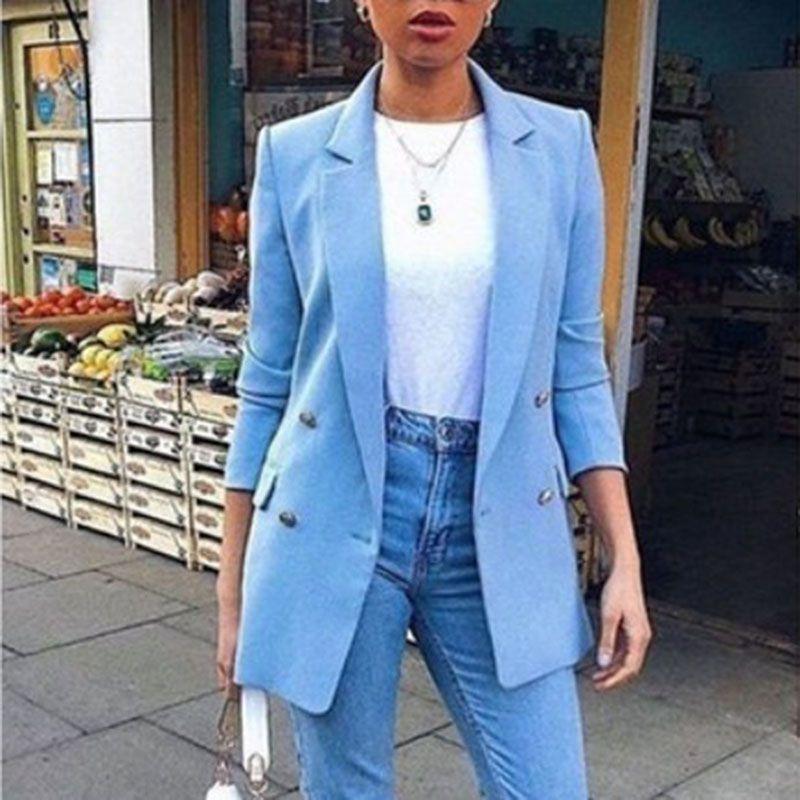 

Элегантные женские блейзеры с длинным рукавом, приталенные, для официального стиля, рабочие пиджаки со стильным лацканом Blue,S