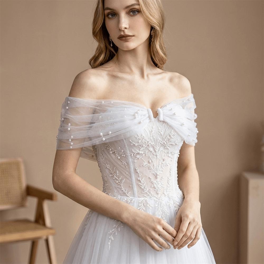 Solid Color Off Shoulder Sleeves With Pearls Detachable Shoulder Straps  Party
