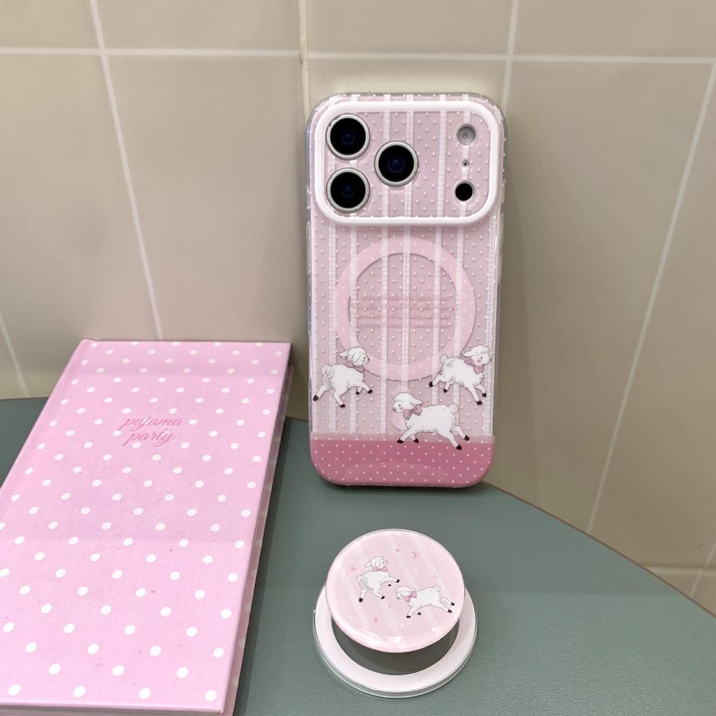 Korean Polka Dot Stripe Sheep Magnetic Holder for iPhone 17 Pro Max/Apple 16/15 Case.