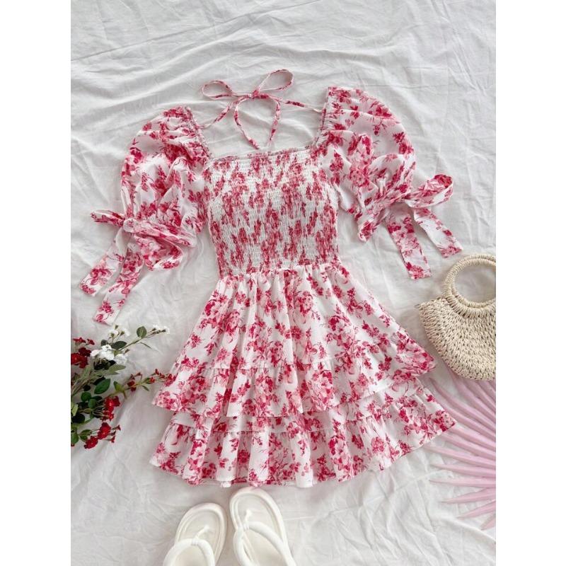 Summer Floral Print Square Neck Ruffled Puff Sleeve Vacation Dress