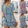 2026 Amazon Cross-border Spring New Fashion Short-sleeved Printed Dress Temperament Elegant Lace V-neck Dress
