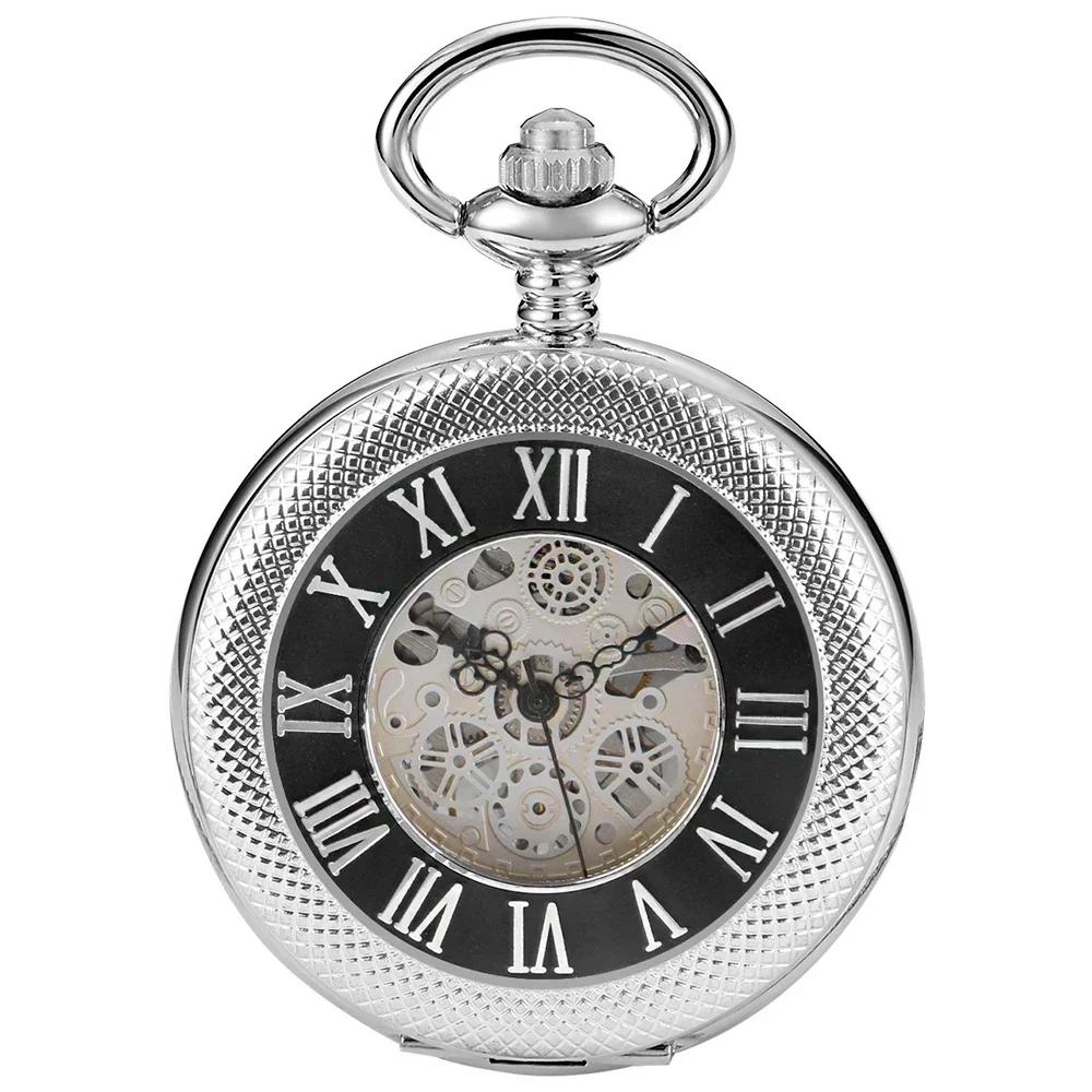 

PJX038 NEW Silver Mechanical Hand Wind Antique Pocket Watch Exquisite Blue Roman Numerals Display Skeleton Pendant Clock Gifts