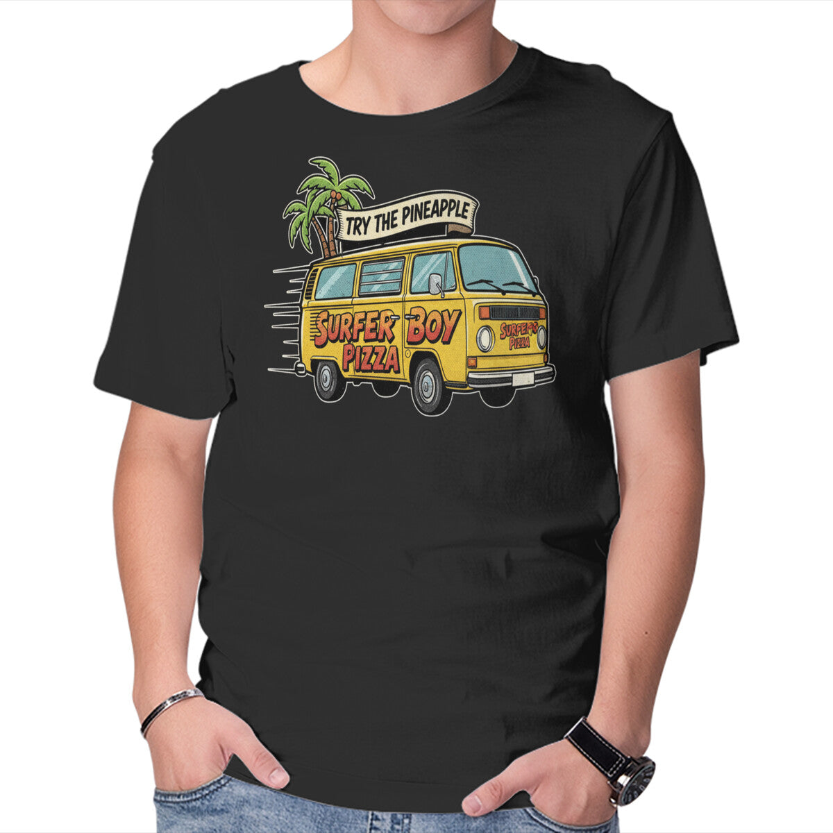 Unisex Crew Neck T-Shirt Surfer Boy Pizza Graphic Short Sleeve Casual Tee L
