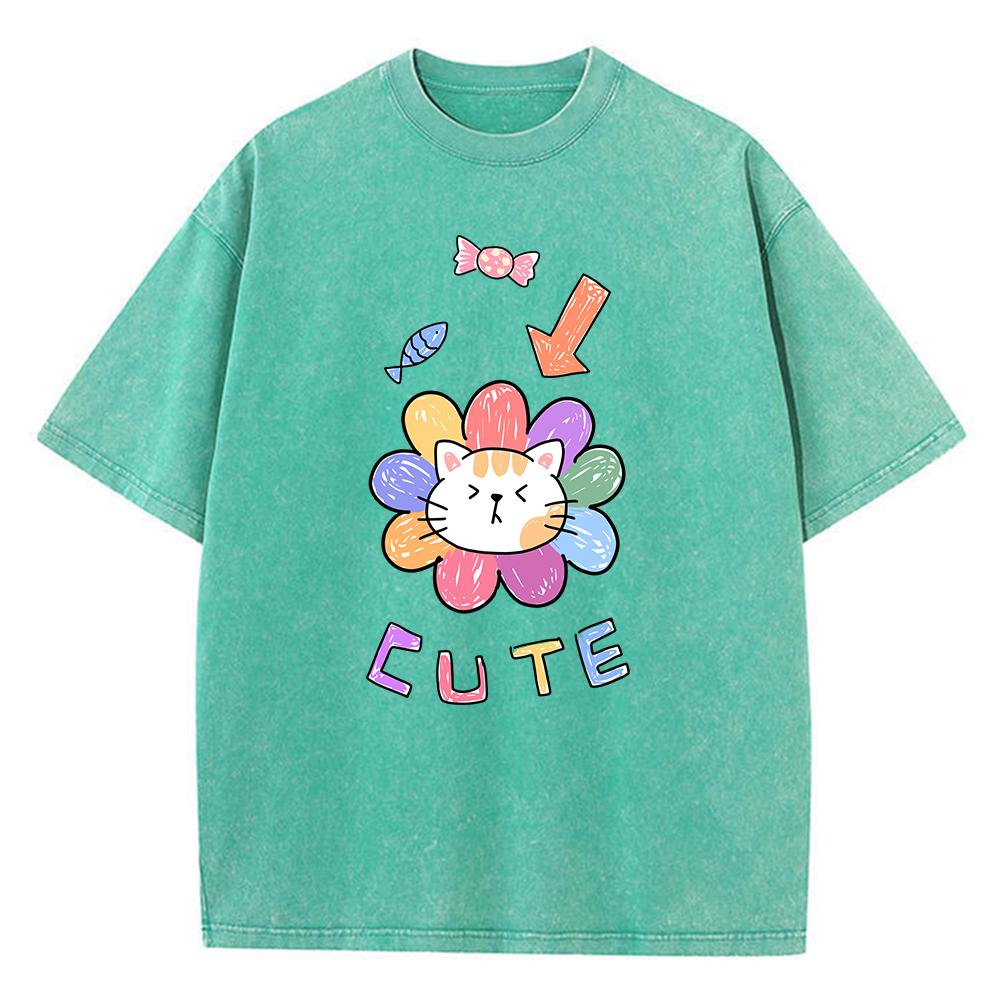 Cute Cartoon Little Flower Cat Men'S Tee Clothing Cartoon T-Shirts Popular Shoulder Drop Tee Shirt Retro Cotton Tops