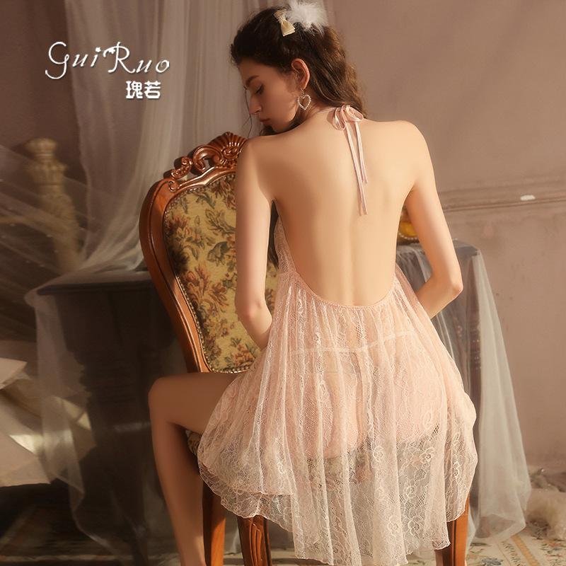 Women's Plus Size Lace Sheer Comfy Backless Cami Dress Lingerie Set