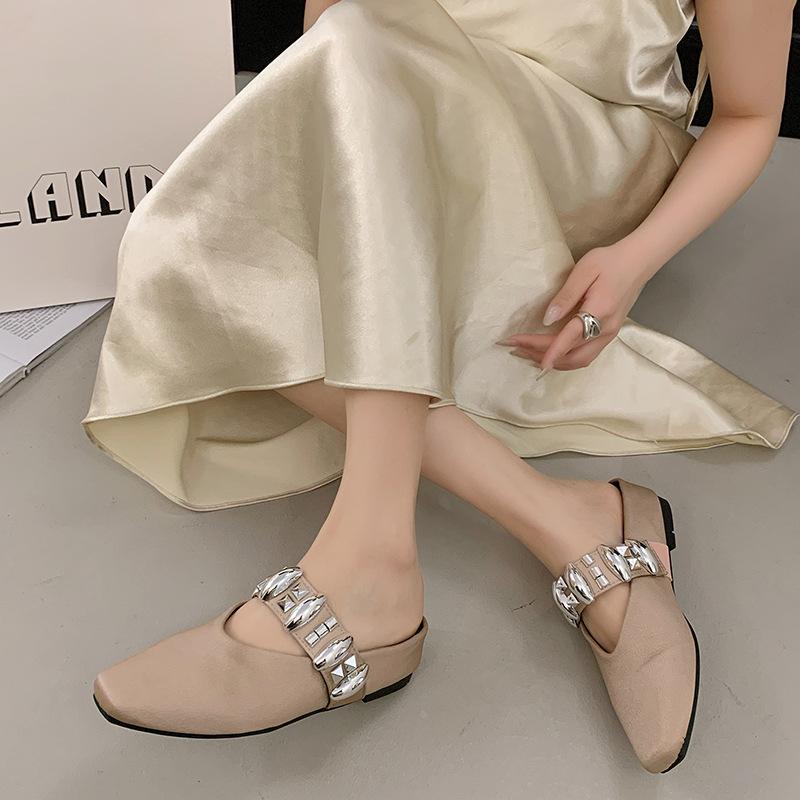 Niche Design Sense Mary Jane Small Leather Shoes Women's Shoes Metal Decoration Shallow Mouth Round Head Flat Heel with Half Drag