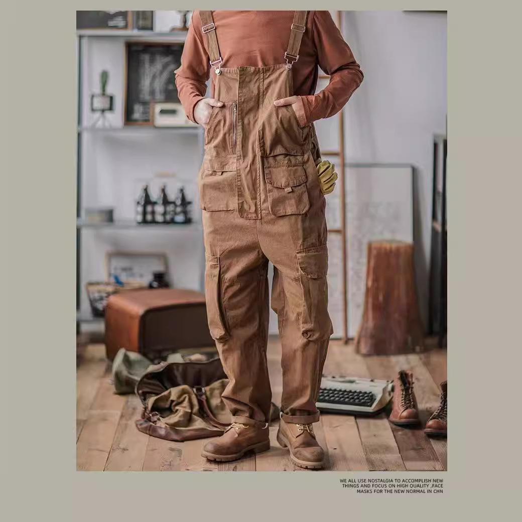 

Men s Reverse Craftsman American Retro Loose Multi-pocket One-piece Cargo Pants XS коричневый
