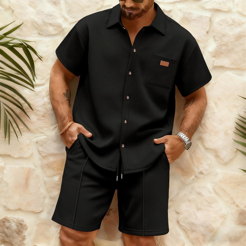 Men's Stylish Casual Collarless Short-sleeved Shirt - Men's Short-sleeved Top And Shorts Two-piece Set