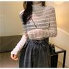 Spring New Mesh Love Lace Base Shirt Korean Style Half High Collar Solid Color Hollow Long Sleeve Base Shirt