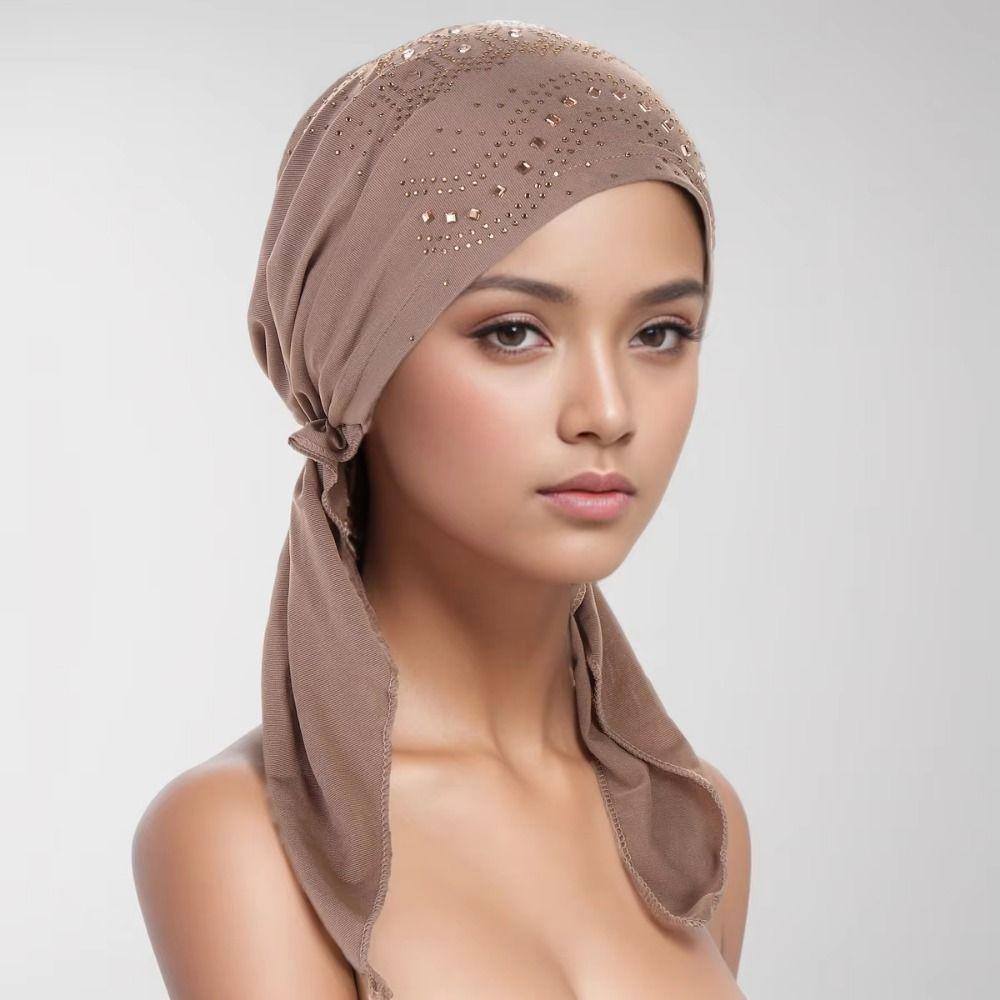 Solid Color Muslim Headscarf Hat Soft Elastic Rhinestone Hijab Caps Casual Wear