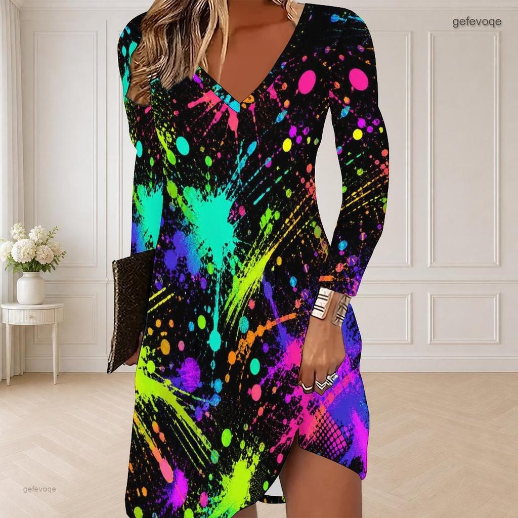 Damen Plus Size V-Ausschnitt Langarm Bunt gesprenkelt bedrucktes Kleid mit geschwungenem Saum